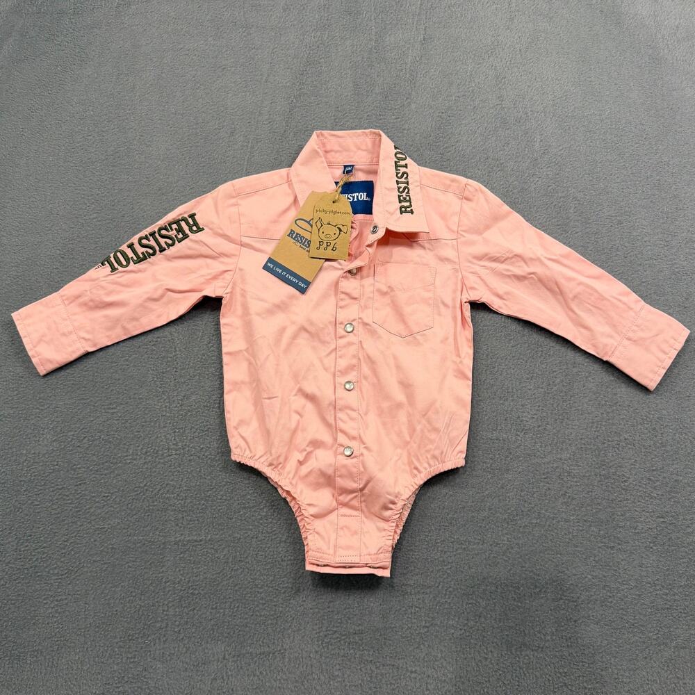 NWT Resistol Infant Boy 6M Pink Western Snap Bodysuit Shirt Cowboy Logo Sleeve